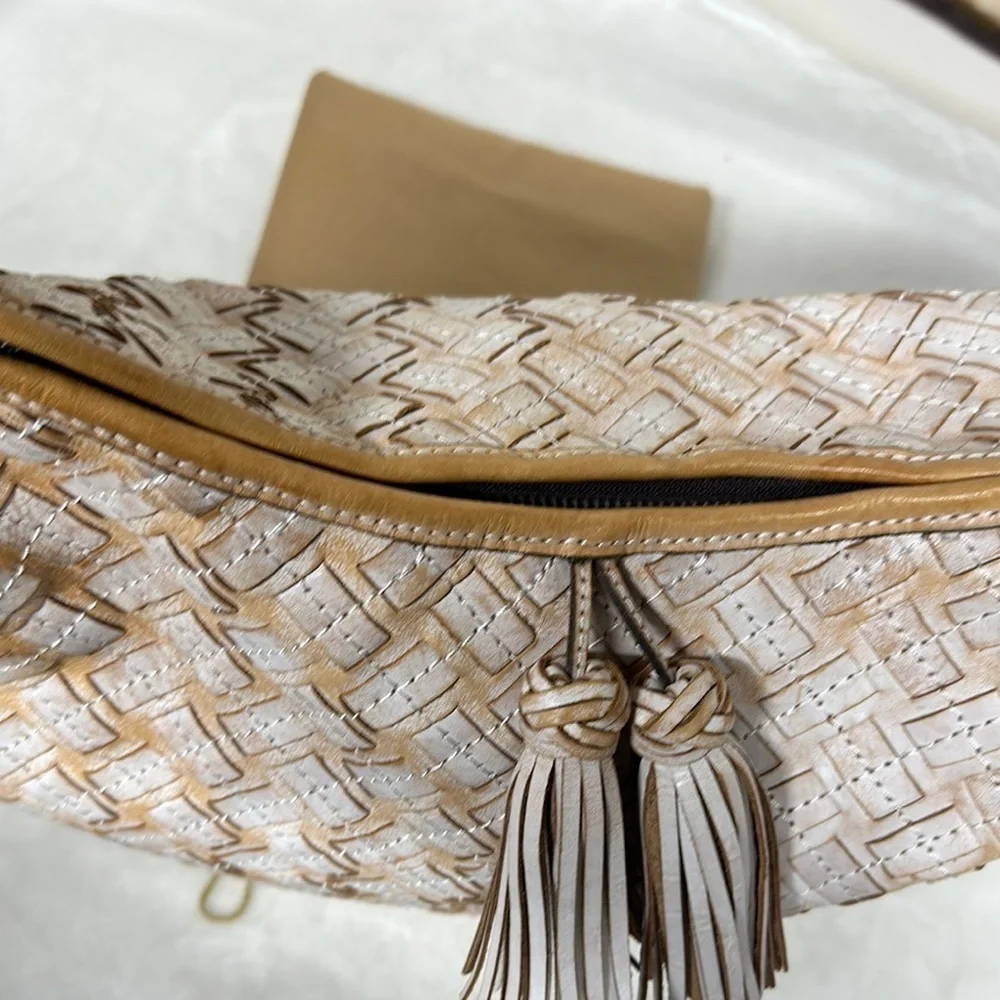 PATRICIA NASH White & Brown BRAIDED STITCH Leather MARCELLINA Hobo Bag